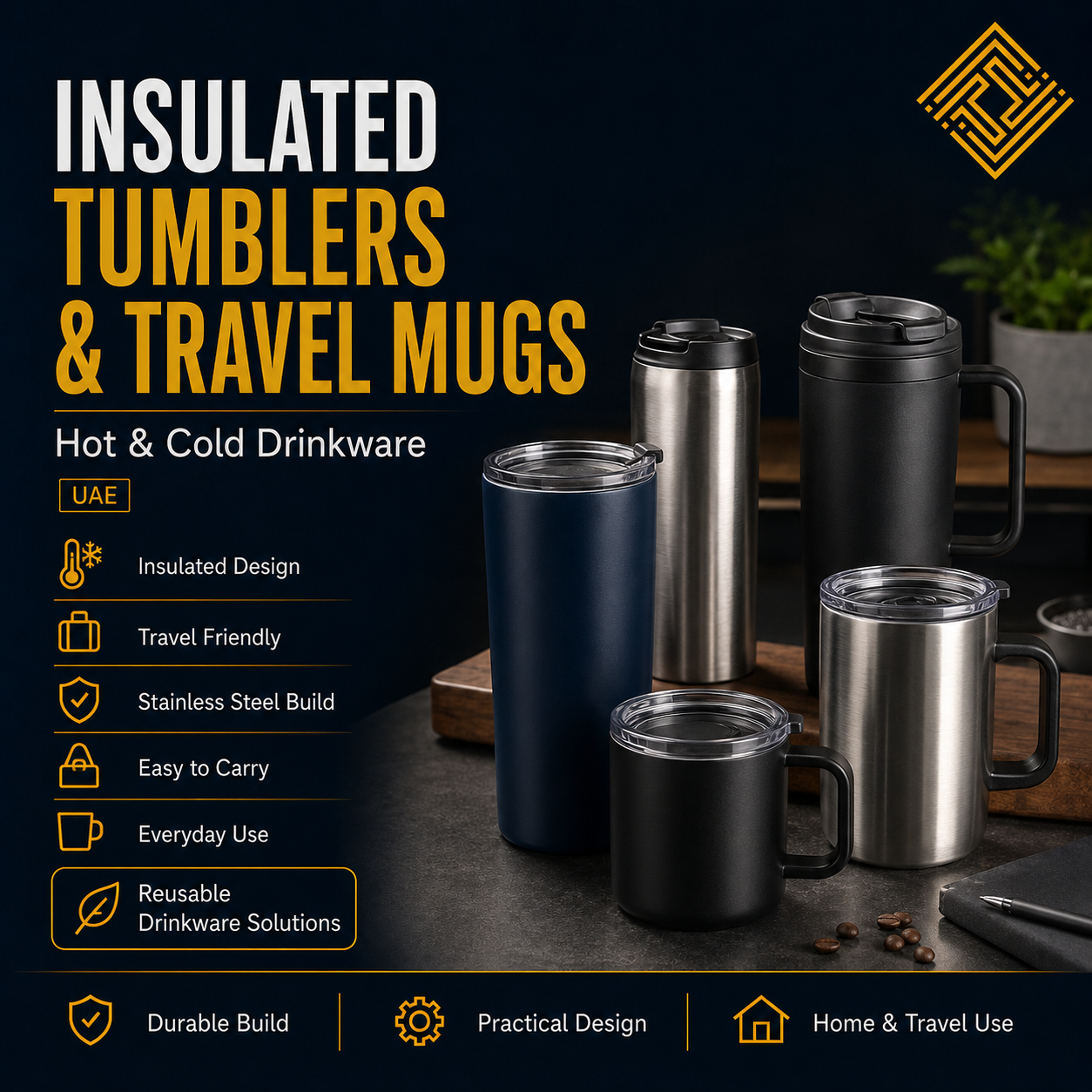 Insulated tumblers and travel mugs for hot and cold drinks