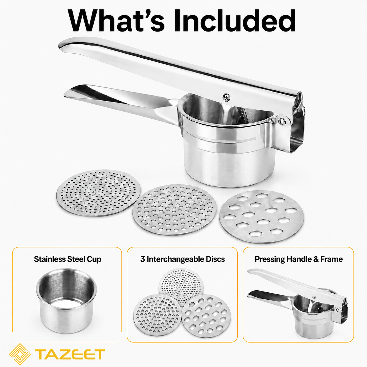 Stainless Steel Potato Ricer with Interchangeable Discs - product image 2