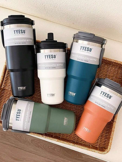 TYESO Insulated Stainless Steel Tumbler with Handle & 2-in-1 Straw Lid - Vacuum Sealed Travel Mug for Hot & Cold Beverages