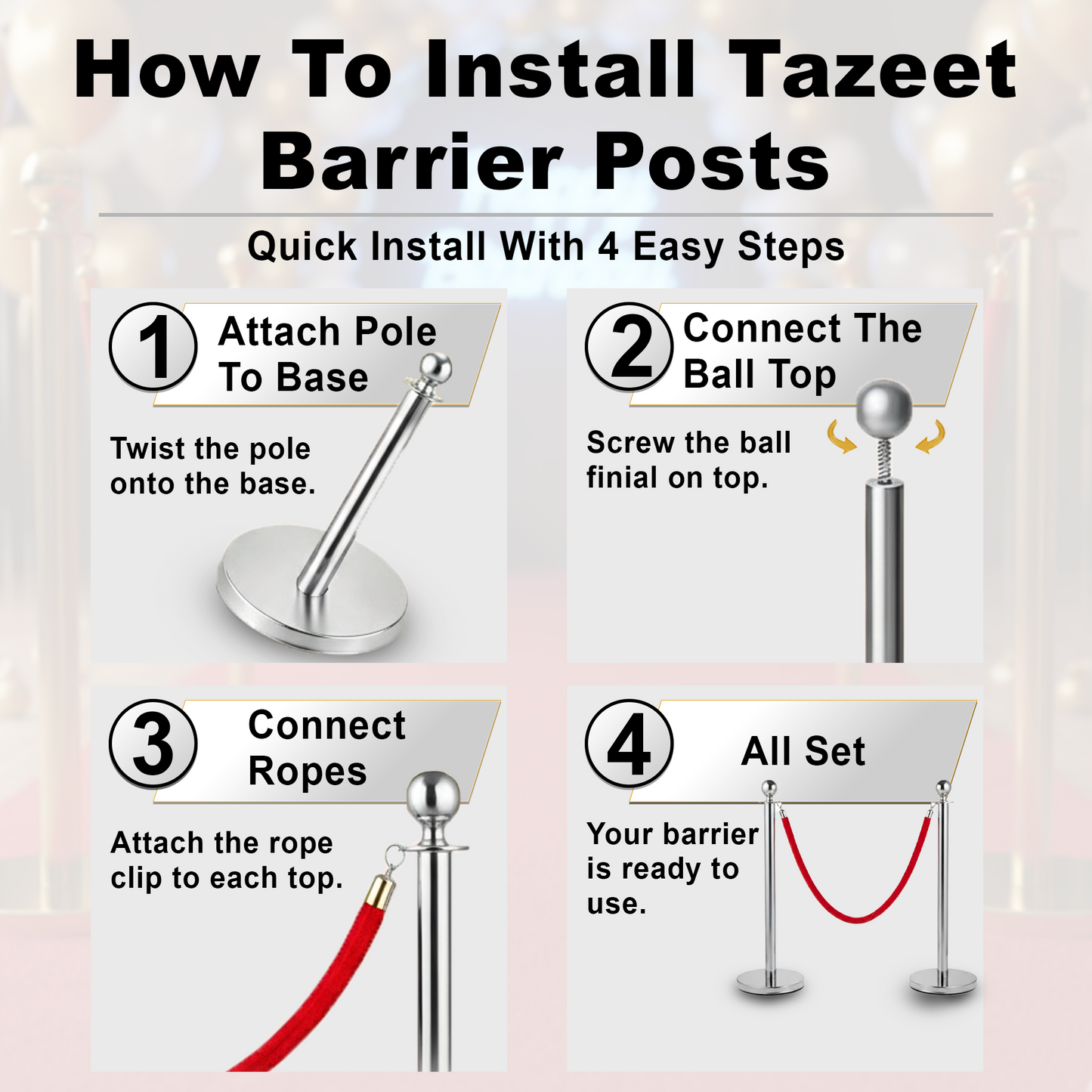 Gold & Silver Queue Barrier Posts with 1.5M Red Velvet Rope – Stainless Steel Stanchion Set - image 7