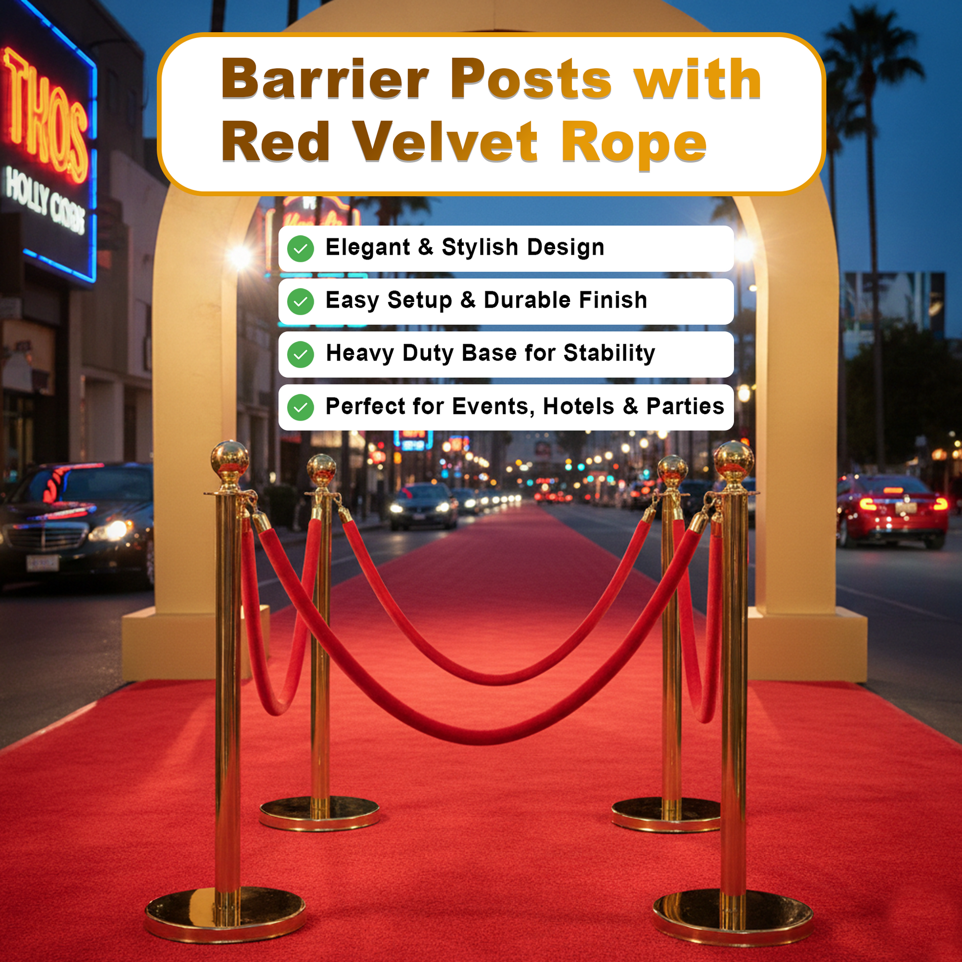 Gold & Silver Queue Barrier Posts with 1.5M Red Velvet Rope – Stainless Steel Stanchion Set - image 16