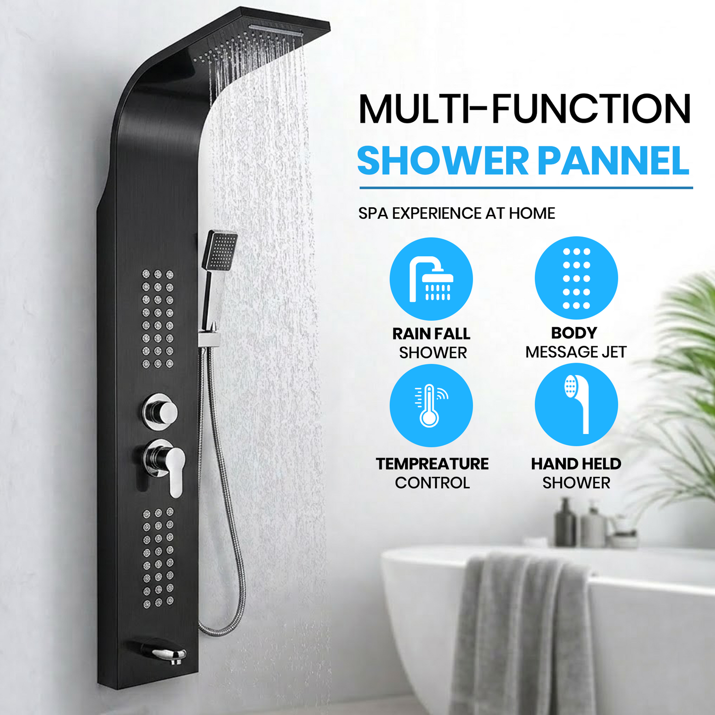 Stainless Steel Shower Panel Tower – Rainfall, Waterfall, Jets, Tub Spout & Hand Shower - image 13