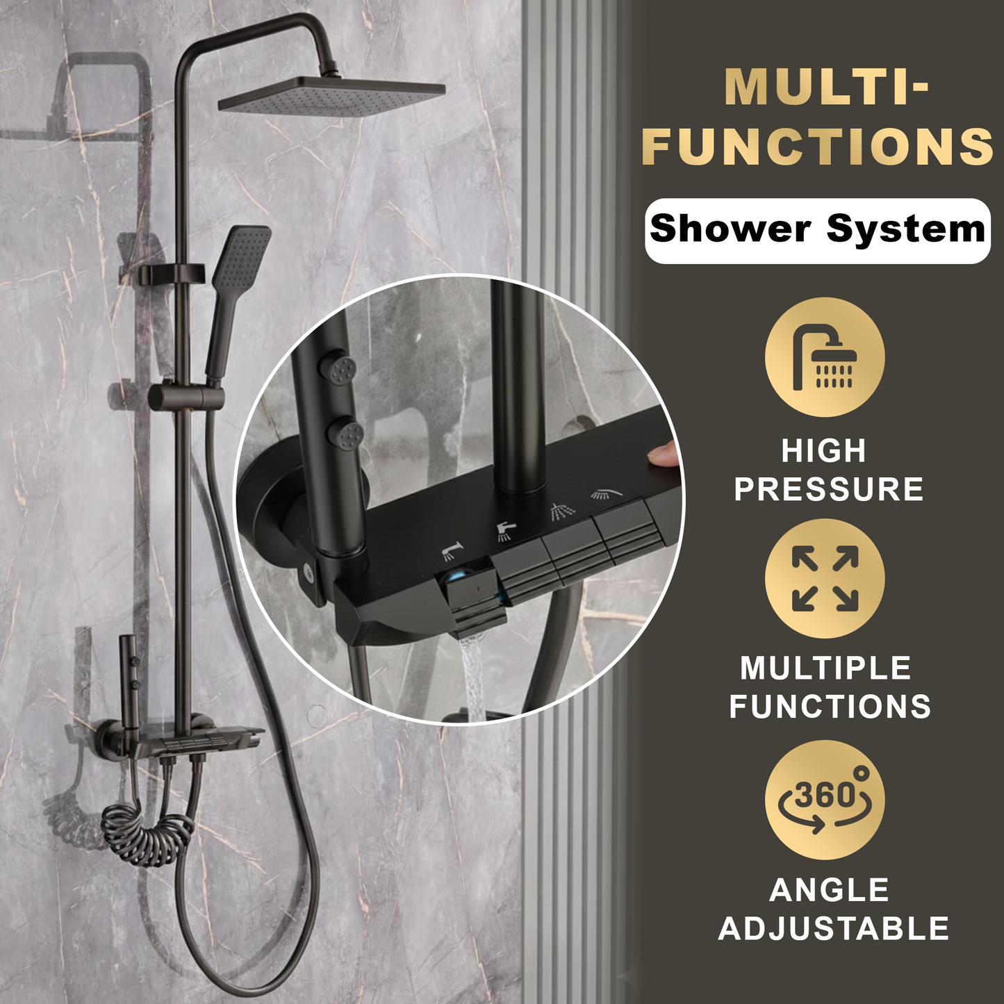 TAZEET Piano Key Thermostatic Shower Set - Rain Head, Hand Shower, Shattaf & Tub Spout - image 9