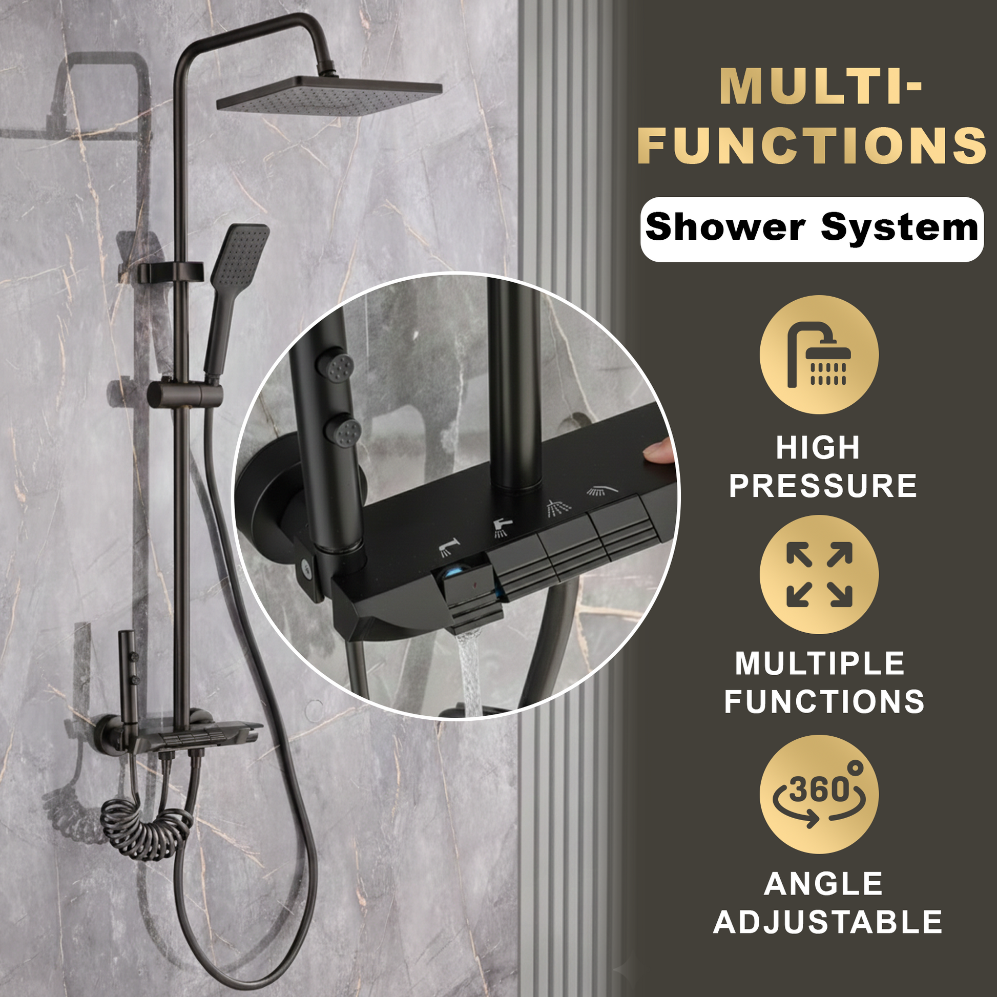 TAZEET Piano Key Thermostatic Shower Set - Rain Head, Hand Shower, Shattaf & Tub Spout - image 9