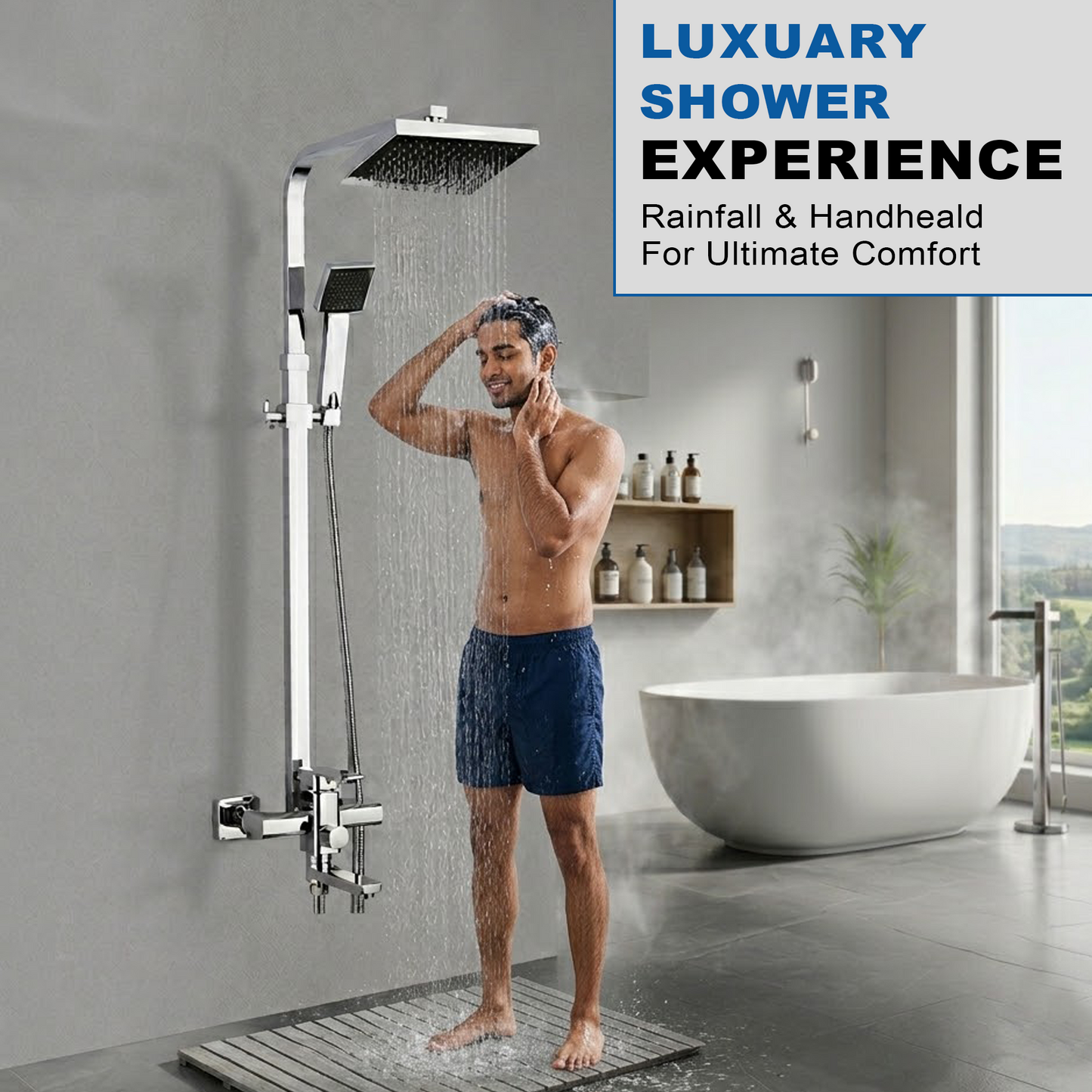 Chrome Bath Shower Mixer Faucet – Wall Mount 8-Inch Shower Head with Hand Shower - image 5