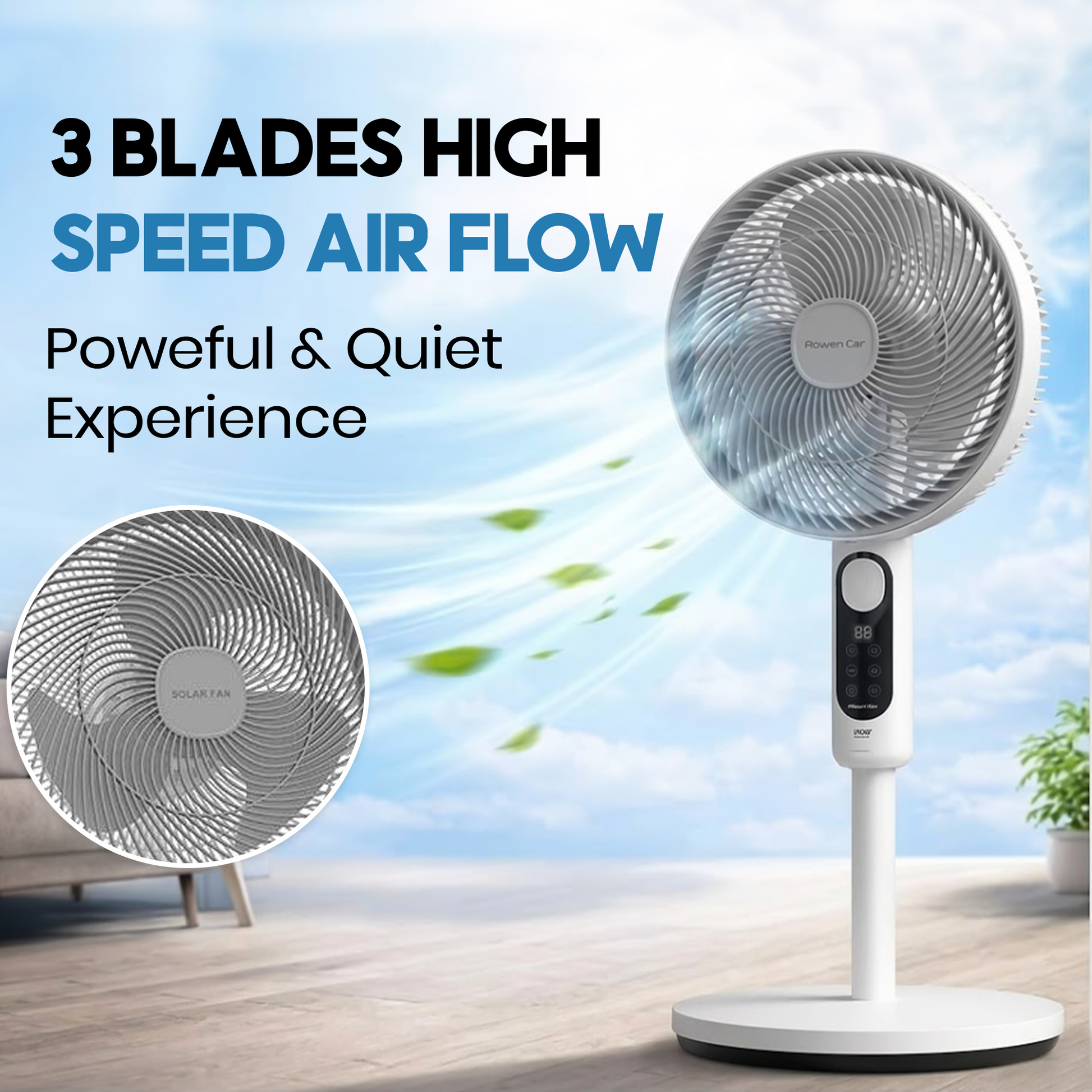 Rechargeable Solar Electric Fan with Solar Panel – 5-Blade Stand Fan - product image 2