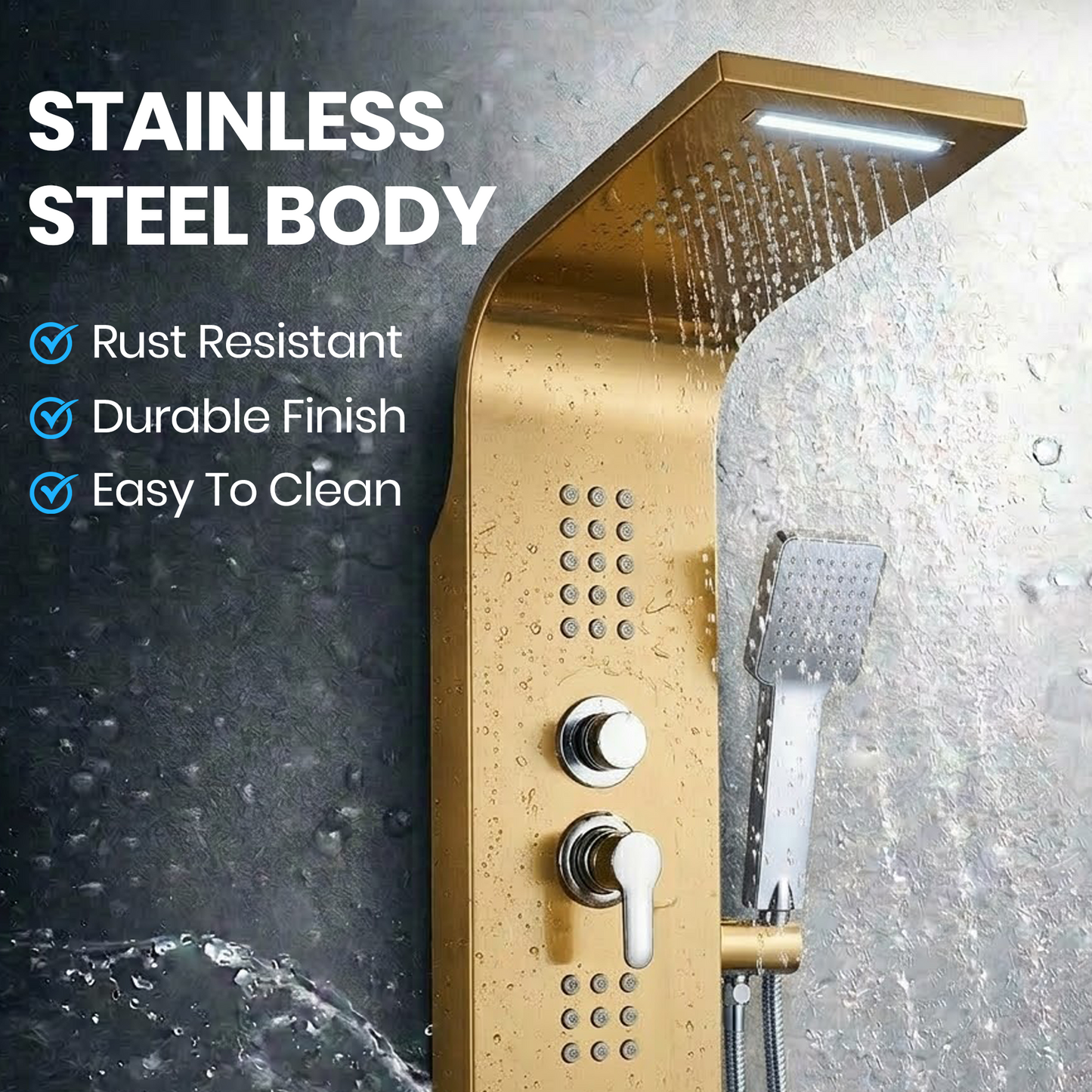 Stainless Steel Shower Panel Tower – Rainfall, Waterfall, Jets, Tub Spout & Hand Shower - image 22