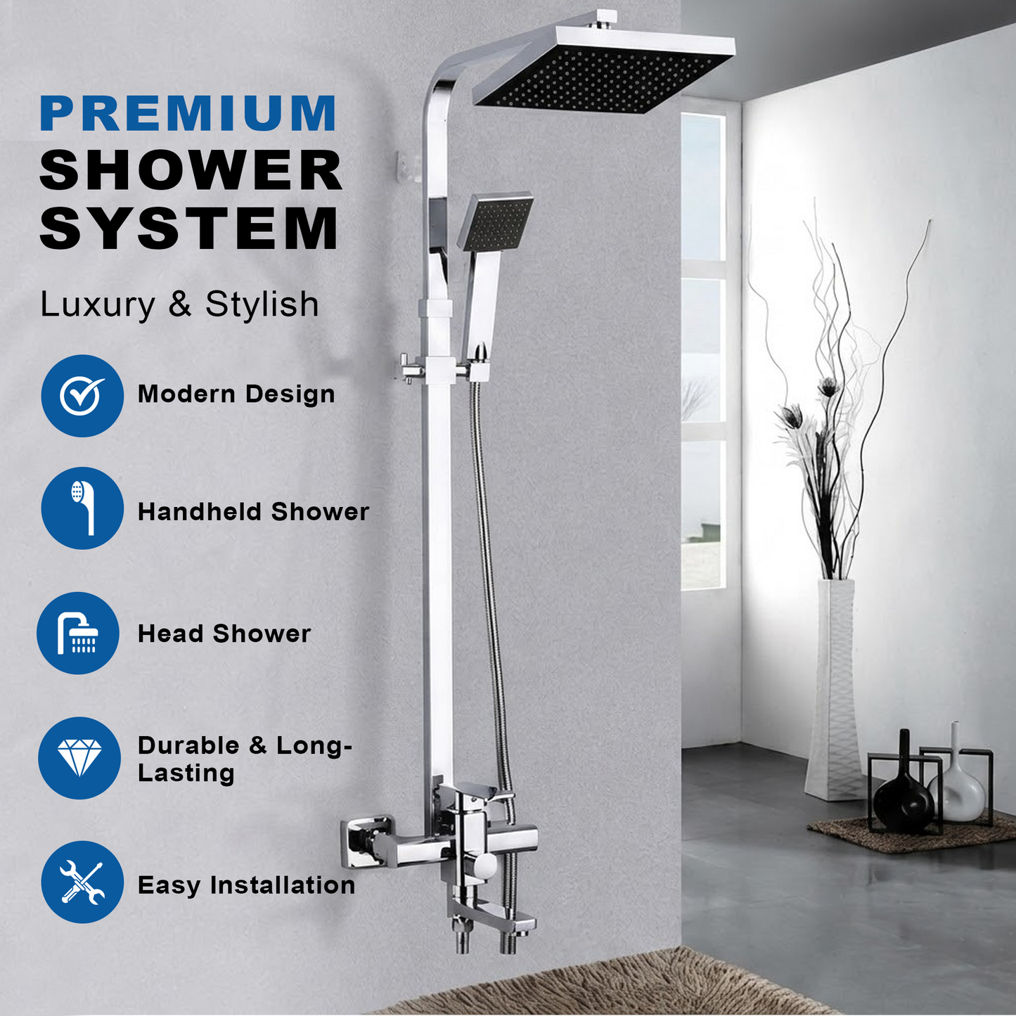 Chrome Bath Shower Mixer Faucet – Wall Mount 8-Inch Shower Head with Hand Shower - image 6