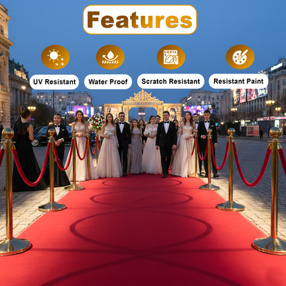 حواجز تنظيم الصفوف الذهبية والفضية من TAZEET مع حبل مخملي أحمر بطول 1.5 متر – أعمدة تنظيم من الستانلس ستيل (طقم قطعتين) – للتحكم الفاخر في الحشود للفنادق والفعاليات ومناطق كبار الشخصيات في الإمارات العربية المتحدة