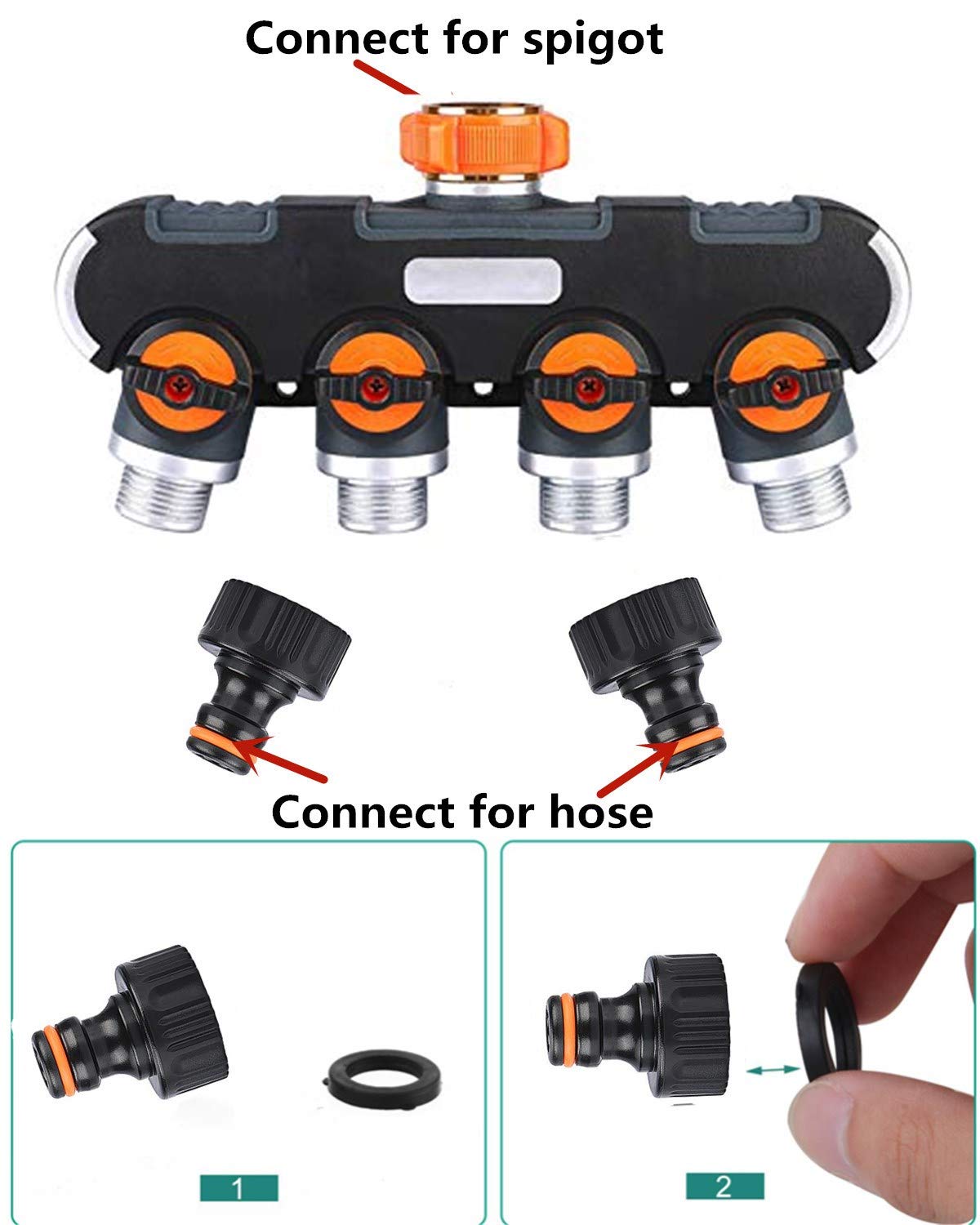 4 Way Garden Hose Splitter - 3/4 Inch Zinc Alloy Tap Connector | Outdoor Utility Hose Splitter with 4 Connectors and Rubber Washers - Tazeet.com