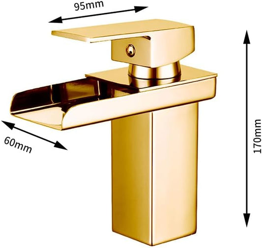 Copper Waterfall Bathroom Faucet – Chrome-Plated Basin Mixer Tap with LED Light