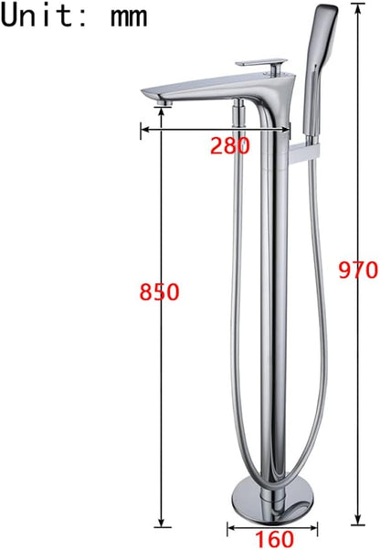 Bath Tap with Hand Shower, Brass Floor-Mounted Bathtub Faucet Set, Cold & Hot Single Handle Mixer with 1.5m Shower Hose in Black, Gold, and Silver