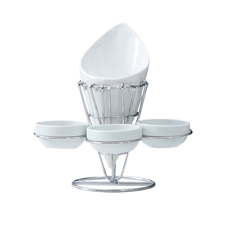 Porcelain French Fries Holder with 3 Dip Dishes – Stylish Serving Set with Sturdy Wire Frame