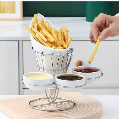 Porcelain French Fries Holder with 3 Dip Dishes – Stylish Serving Set with Sturdy Wire Frame