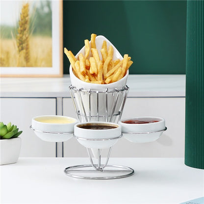 Porcelain French Fries Holder with 3 Dip Dishes – Stylish Serving Set with Sturdy Wire Frame