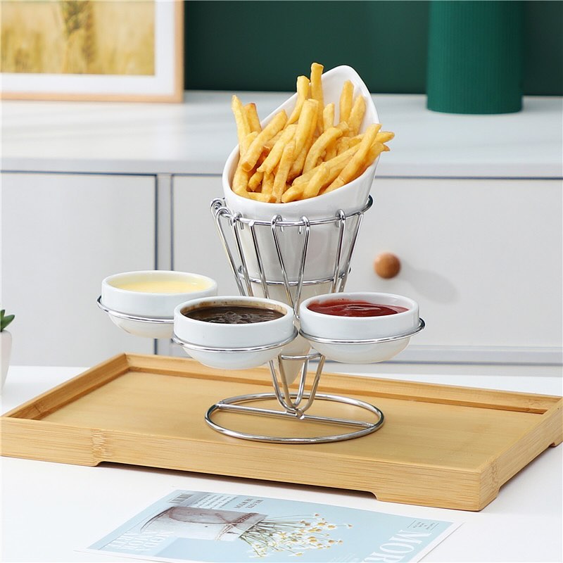 Porcelain French Fries Holder with 3 Dip Dishes – Stylish Serving Set with Sturdy Wire Frame