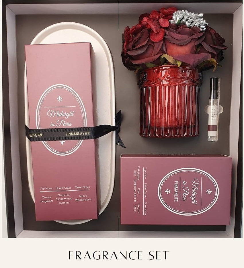 Finmanlife Fragrance Set - Scented Candle, Diffuser Oil, Rose Flower, and Fragrance Spray for Home & Office