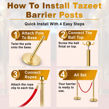 حواجز تنظيم الصفوف الذهبية والفضية من TAZEET مع حبل مخملي أحمر بطول 1.5 متر – أعمدة تنظيم من الستانلس ستيل (طقم قطعتين) – للتحكم الفاخر في الحشود للفنادق والفعاليات ومناطق كبار الشخصيات في الإمارات العربية المتحدة