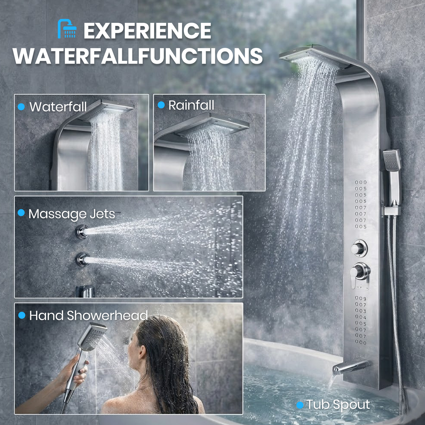Stainless Steel Shower Panel Tower – Rainfall, Waterfall, Jets, Tub Spout & Hand Shower - image 8