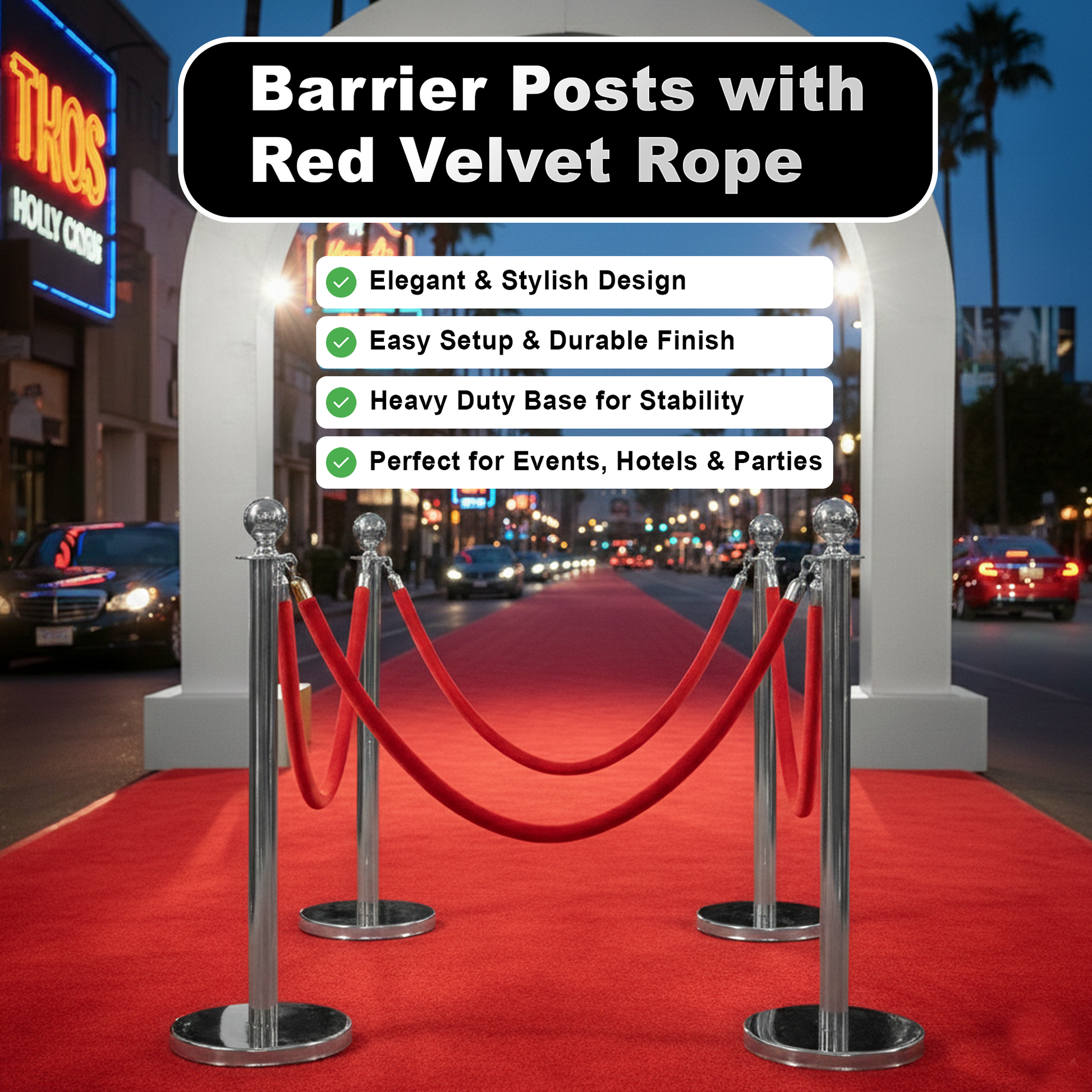 Gold & Silver Queue Barrier Posts with 1.5M Red Velvet Rope – Stainless Steel Stanchion Set - image 9