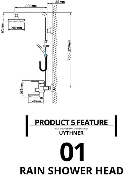 Chrome Bath Shower Mixer Faucet, Wall Mount 8-Inch Shower Head with Hand Shower - Durable Brass Body, Adjustable Water Flow, Easy Installation