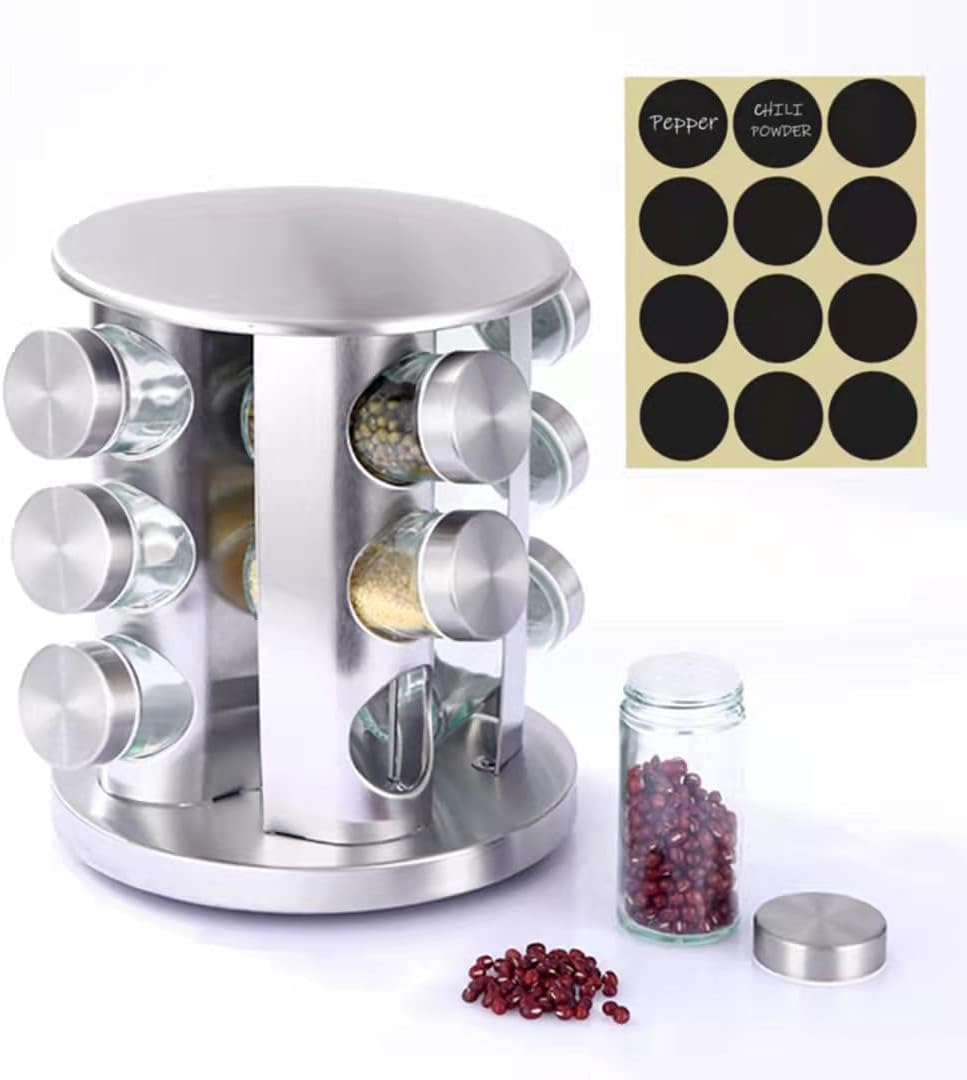 Tazeet Rotating spice rack with 12 jars, stainless steel and shatter-resistant glass jars for home and kitchen。 (True color, 12 spice jars)