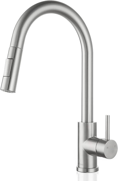 Kitchen Faucet with Pull-Down Sprayer, Brushed Nickel Kitchen Sink Mixer Tap, 2 Water Modes, 360° Rotating, Stainless Steel Single Handle Faucet