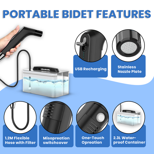 TAZEET Electric Portable Bidet Sprayer 2.3L Rechargeable Handheld Travel Toilet Washer – Personal Hygiene for Women, Baby & Elderly | Portable WC Cleaning (Black)