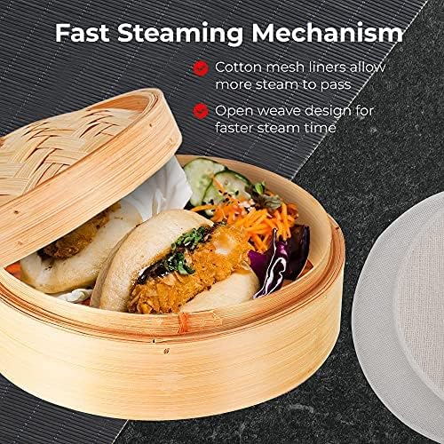 Tazeet Handmade Bamboo Steamer Basket Set with Lid, Dumpling Maker, Reusable Cotton Liners, and Chopsticks – For Steaming Rice, Vegetables, Fish, Meat, and Desserts