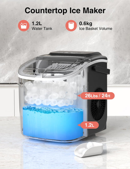 TAZEET Portable Ice Maker Machine – 12kg/24H, Self-Cleaning Countertop Ice Maker with Handle, Scoop & Basket – 9 Bullet Ice Cubes in 6 Mins – Ideal for Home, Office, Kitchen, Bar, Camping