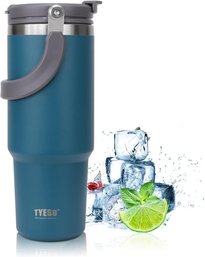 TYESO Insulated Stainless Steel Tumbler with Handle & 2-in-1 Straw Lid - Vacuum Sealed Travel Mug for Hot & Cold Beverages