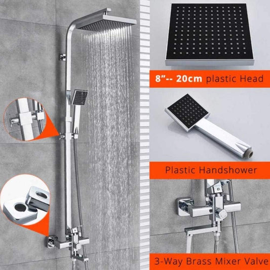 Chrome Bath Shower Mixer Faucet, Wall Mount 8-Inch Shower Head with Hand Shower - Durable Brass Body, Adjustable Water Flow, Easy Installation - Tazeet.com