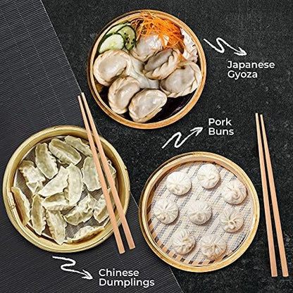 Tazeet Handmade Bamboo Steamer Basket Set with Lid, Dumpling Maker, Reusable Cotton Liners, and Chopsticks – For Steaming Rice, Vegetables, Fish, Meat, and Desserts