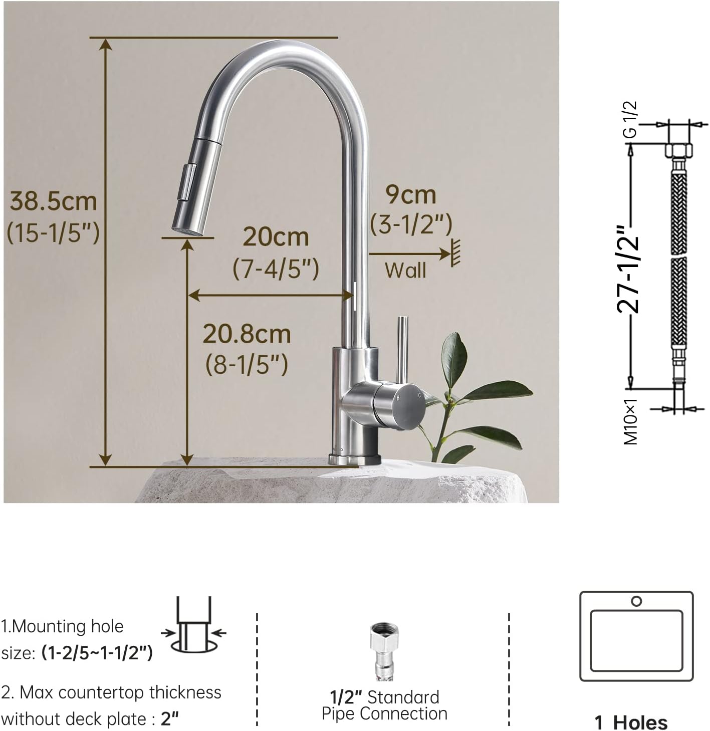 Kitchen Faucet with Pull-Down Sprayer, Brushed Nickel Kitchen Sink Mixer Tap, 2 Water Modes, 360° Rotating, Stainless Steel Single Handle Faucet