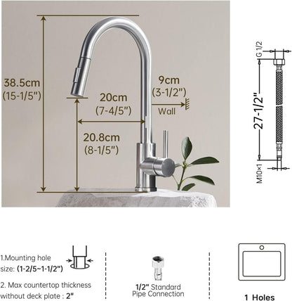 Kitchen Faucet with Pull-Down Sprayer, Brushed Nickel Kitchen Sink Mixer Tap, 2 Water Modes, 360° Rotating, Stainless Steel Single Handle Faucet