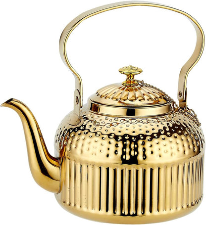 Antique Stainless Steel Teapot with Infuser - Hand-Hammered Design, Chain-Linked Lid, & Versatile Heating for Tea & Coffee