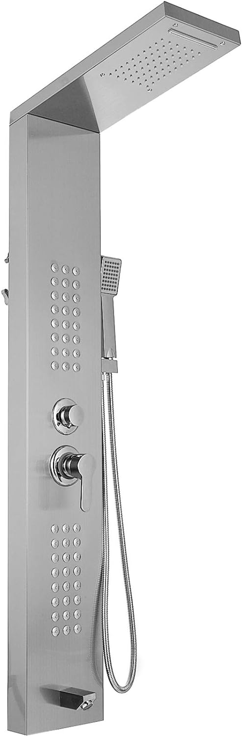 Stainless Steel Shower Panel Tower System with Multi-Function Rainfall, Waterfall, Massage Jets, Tub Spout, and Hand Shower for Home, Hotel, Resort