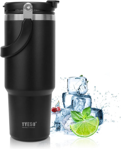 TYESO Insulated Stainless Steel Tumbler with Handle & 2-in-1 Straw Lid - Vacuum Sealed Travel Mug for Hot & Cold Beverages