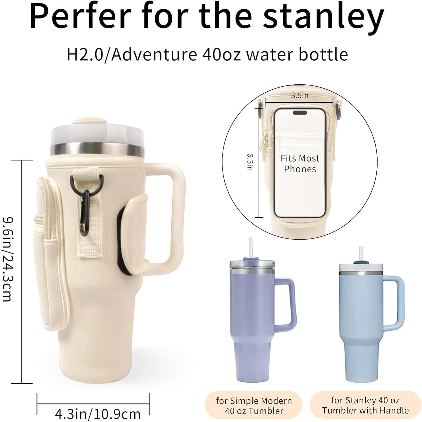 Stanley Mug Bag and Pouch with Adjustable Strap for Stanley 40oz and 30oz Tumbler – Neoprene Tumbler Bag with Phone Pocket, Scratch-Resistant Sleeve, Water Bottle Holder Accessories for Stanley