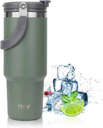 TYESO Insulated Stainless Steel Tumbler with Handle & 2-in-1 Straw Lid - Vacuum Sealed Travel Mug for Hot & Cold Beverages