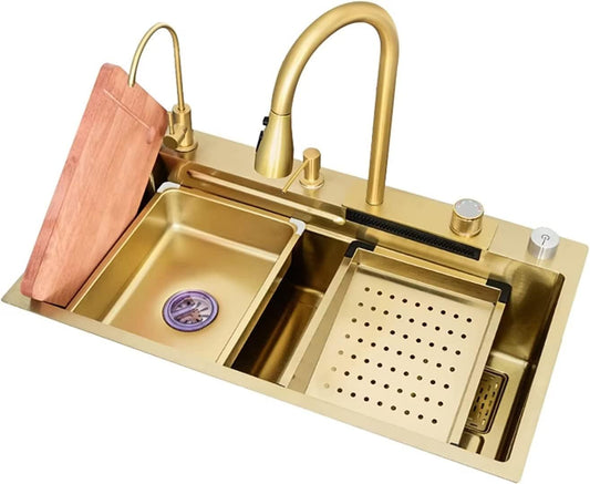 TAZEET Gold Stainless Steel Kitchen Sink with Waterfall Faucet & Accessories – Large Single Bowl Console Sink 75x45cm / 80x45cm