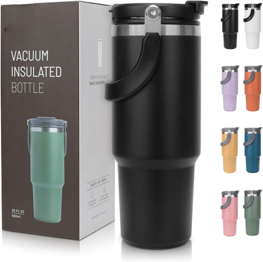 TYESO Insulated Stainless Steel Tumbler with Handle & 2-in-1 Straw Lid - Vacuum Sealed Travel Mug for Hot & Cold Beverages