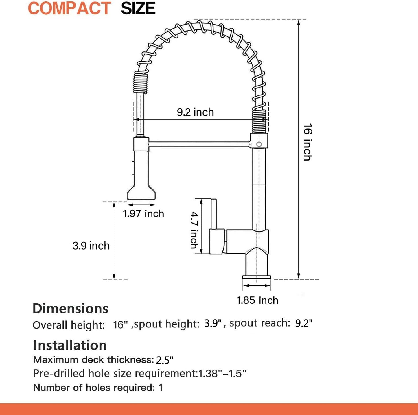 Matte Black, Silver, or Brushed Kitchen Faucet, SUS304 Stainless Steel Single Handle with Pull-Down Sprayer, Compact 15.7” Height, Lead-Free, Modern Industrial Design