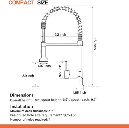 Matte Black, Silver, or Brushed Kitchen Faucet, SUS304 Stainless Steel Single Handle with Pull-Down Sprayer, Compact 15.7” Height, Lead-Free, Modern Industrial Design