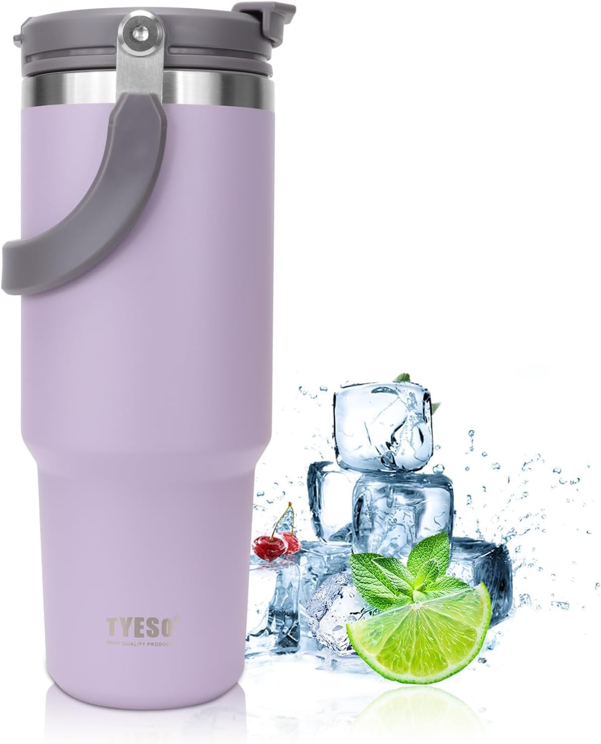 TYESO Insulated Stainless Steel Tumbler with Handle & 2-in-1 Straw Lid - Vacuum Sealed Travel Mug for Hot & Cold Beverages