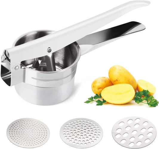 Potato Ricer, Stainless Steel Lemon Squeezer Manual, Garlic Press with 3 Removable and Interchangeable Discs, Masher Ricer Kitchen Tool for Fruit Potato Garlic Vegetable Cheese