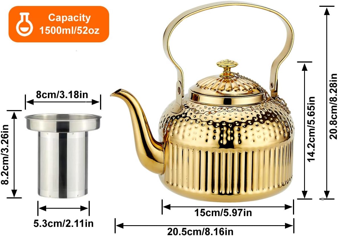 Antique Stainless Steel Teapot with Infuser - Hand-Hammered Design, Chain-Linked Lid, & Versatile Heating for Tea & Coffee