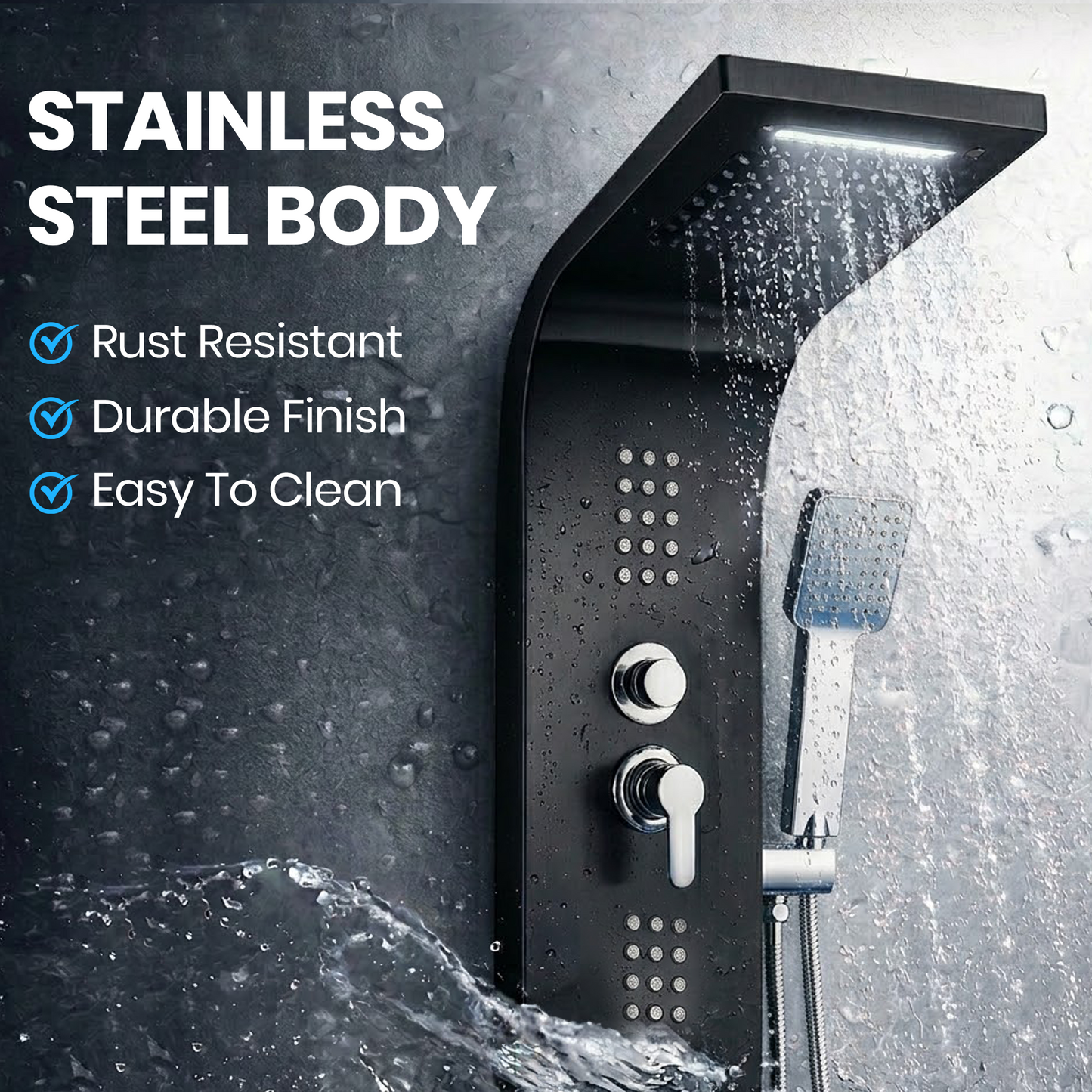 Stainless Steel Shower Panel Tower – Rainfall, Waterfall, Jets, Tub Spout & Hand Shower - image 21