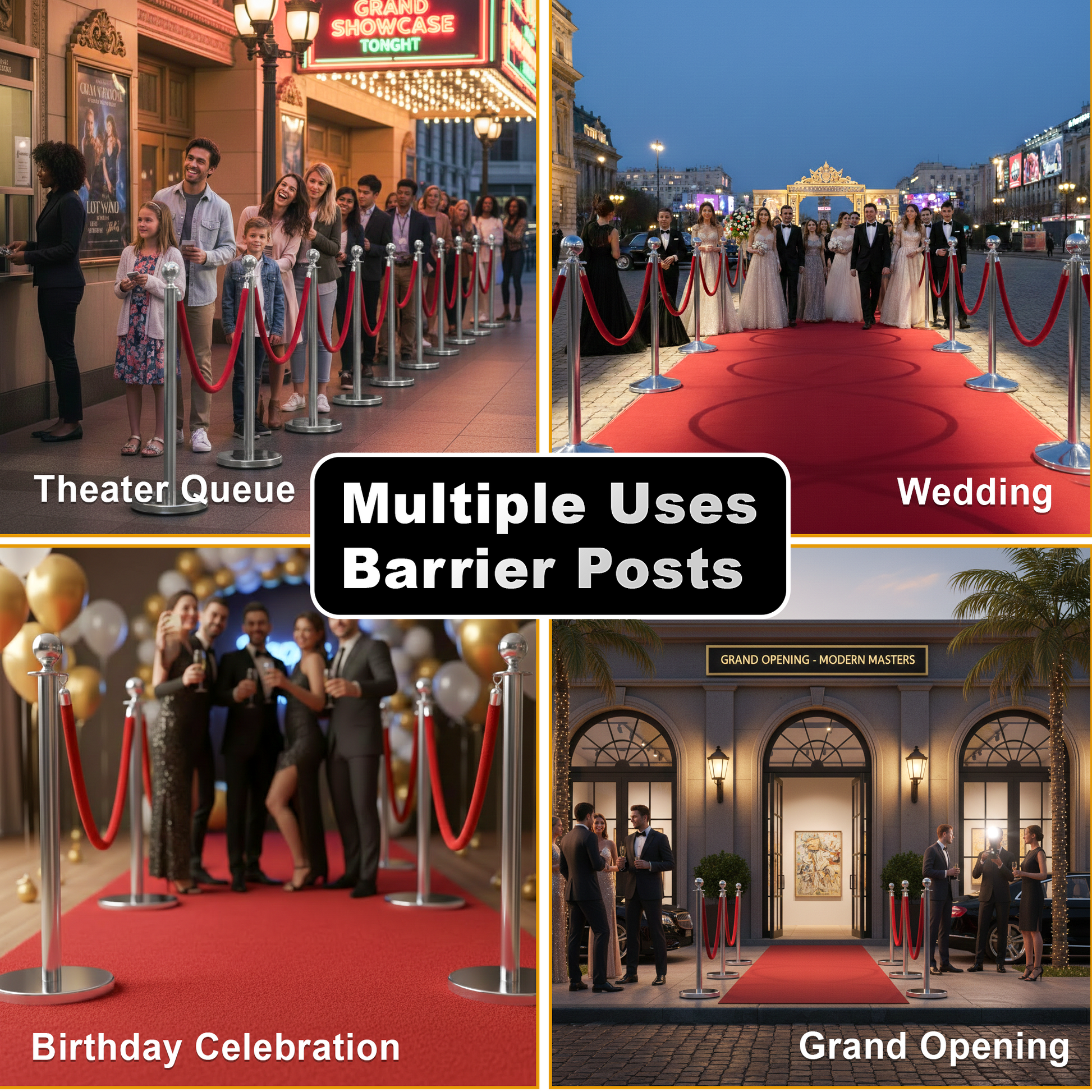 Gold & Silver Queue Barrier Posts with 1.5M Red Velvet Rope – Stainless Steel Stanchion Set - image 12