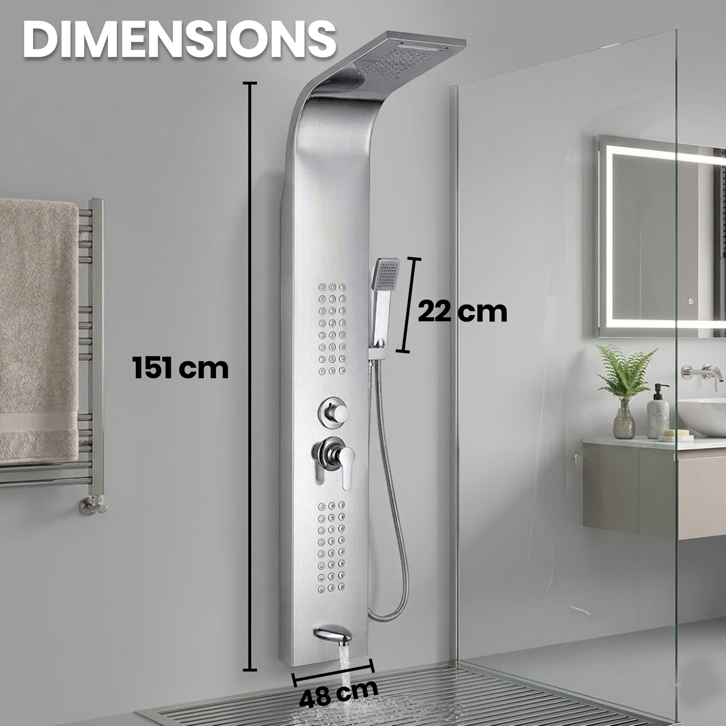 Stainless Steel Shower Panel Tower – Rainfall, Waterfall, Jets, Tub Spout & Hand Shower - image 6